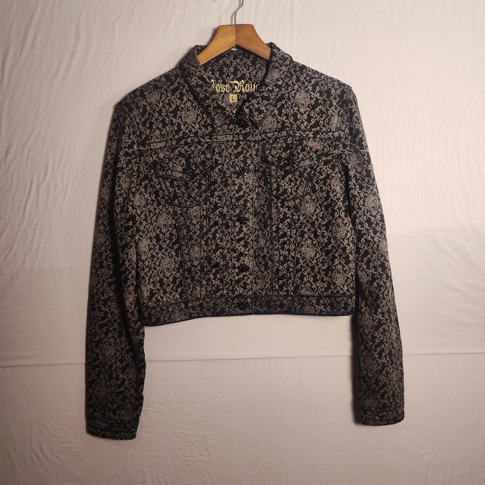 Rose Royce Premium Damask Print Denim Jacket Black Grey Cropped Rose Buttons L
